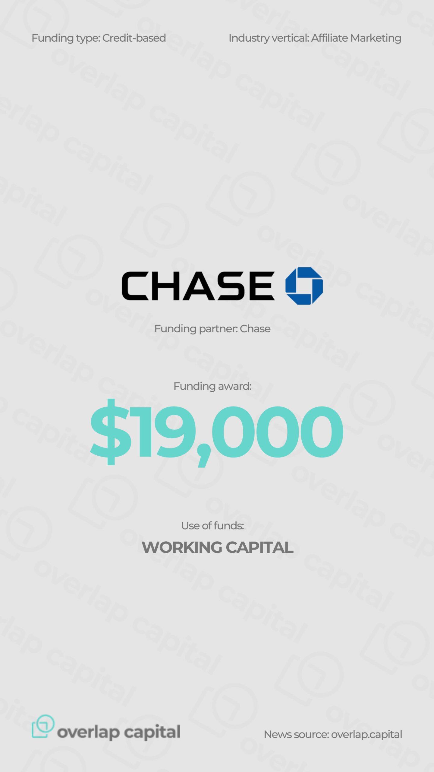 $19,000 Credit-Based Working Capital Award Fuels Growth for Affiliate Marketing Firm—Backed by Chase Bank and Overlap Capital